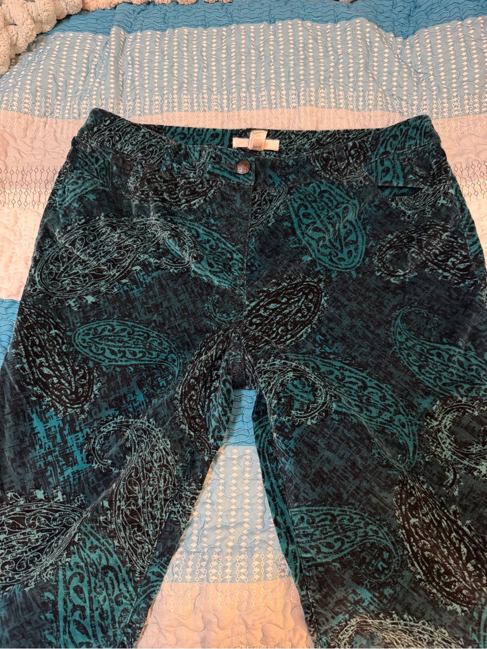Chico's Deep Teal Velvet Paisley Pants Sz 2 (12R) - Picture 7 of 12
